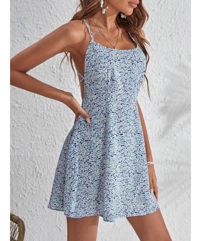 Women's Summer Ditsy Floral Backless Tie Back Sleeveless Cami Mini Dress Blue Sky $18.19 Dresses