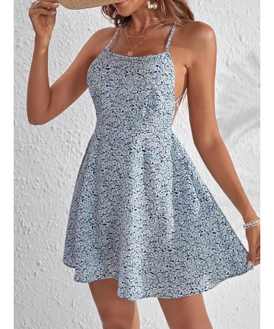 Women's Summer Ditsy Floral Backless Tie Back Sleeveless Cami Mini Dress Blue Sky $18.19 Dresses