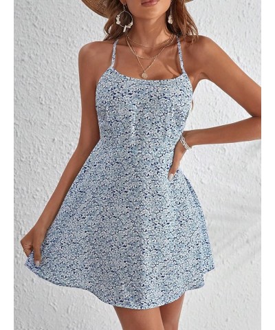 Women's Summer Ditsy Floral Backless Tie Back Sleeveless Cami Mini Dress Blue Sky $18.19 Dresses