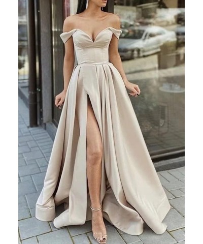 Off Shoulder Prom Dresses with Slit Long Satin Formal Evening Party Dresses for Women with Pockets YJY47 Silver $41.50 Dresses