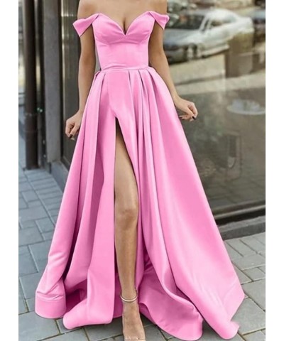 Off Shoulder Prom Dresses with Slit Long Satin Formal Evening Party Dresses for Women with Pockets YJY47 Silver $41.50 Dresses