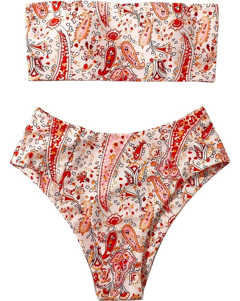 Women's 2 Pieces Bandeau Bikini Swimsuits Off Shoulder High Waist Bathing Suit High Cut 5-floral $12.32 Swimsuits