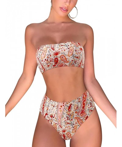 Women's 2 Pieces Bandeau Bikini Swimsuits Off Shoulder High Waist Bathing Suit High Cut 5-floral $12.32 Swimsuits