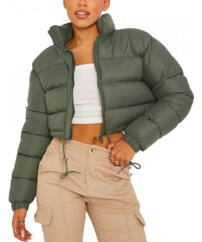 Womens Winter Cropped Puffer Jacket Fashion Long Sleeve Zip Stand Collar Warm Padded Short Jacket Coats Army Green $15.17 Jac...