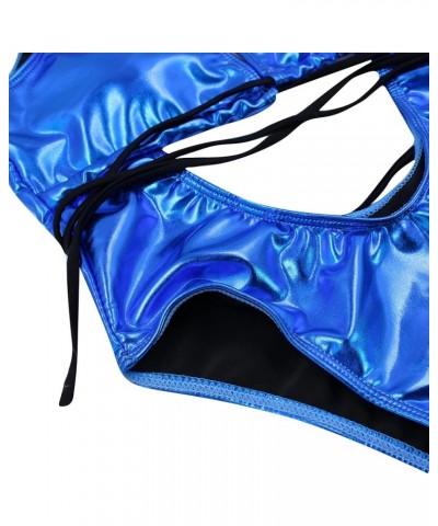 Women Rave Holographic Snakeskin Wrap Swimsuit Sexy Strappy Backless Bathing Suit Shiny Blue $12.71 Swimsuits