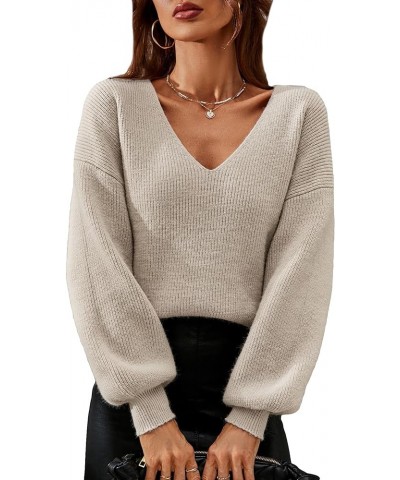 Women's Solid V Neck Drop Shoulder Sweater Long Sleeve Knitted Pullover Casual Tops Khaki $16.80 Sweaters