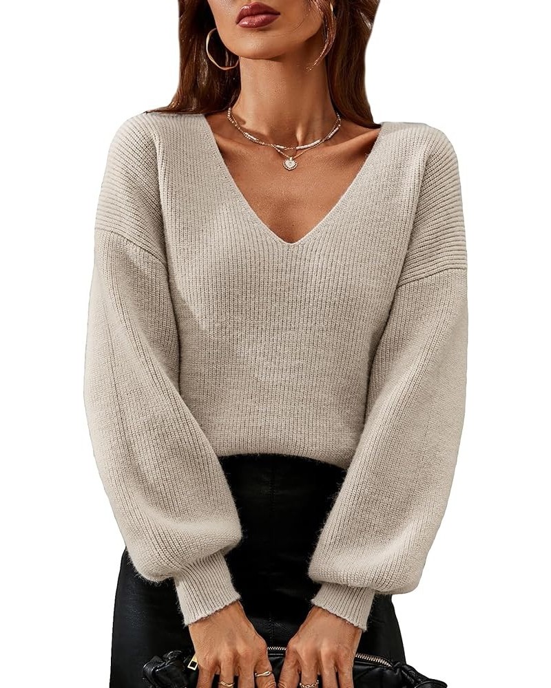 Women's Solid V Neck Drop Shoulder Sweater Long Sleeve Knitted Pullover Casual Tops Khaki $16.80 Sweaters