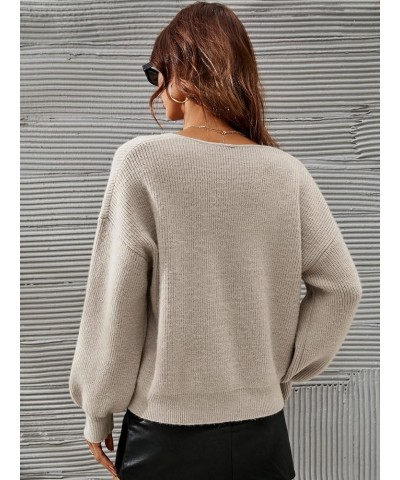 Women's Solid V Neck Drop Shoulder Sweater Long Sleeve Knitted Pullover Casual Tops Khaki $16.80 Sweaters