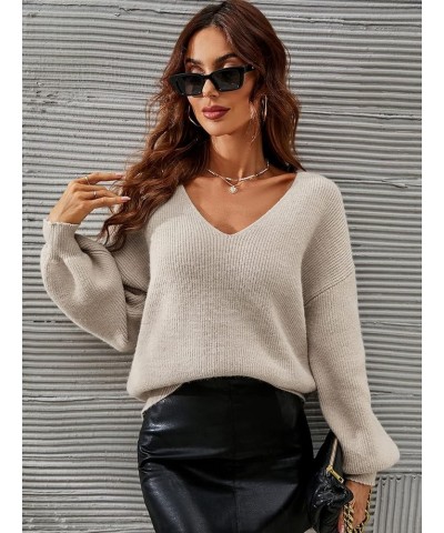 Women's Solid V Neck Drop Shoulder Sweater Long Sleeve Knitted Pullover Casual Tops Khaki $16.80 Sweaters