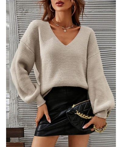 Women's Solid V Neck Drop Shoulder Sweater Long Sleeve Knitted Pullover Casual Tops Khaki $16.80 Sweaters