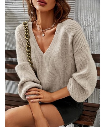 Women's Solid V Neck Drop Shoulder Sweater Long Sleeve Knitted Pullover Casual Tops Khaki $16.80 Sweaters