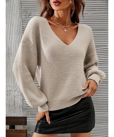 Women's Solid V Neck Drop Shoulder Sweater Long Sleeve Knitted Pullover Casual Tops Khaki $16.80 Sweaters