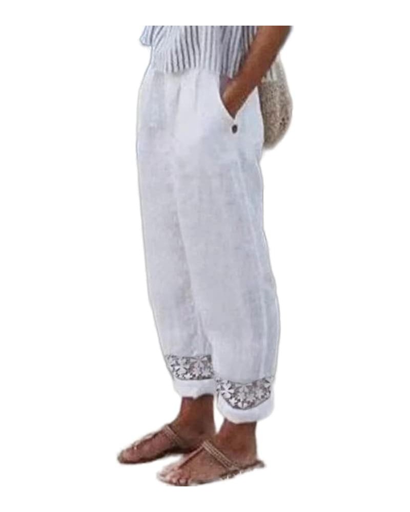 Womens Cotton Linen Pants Elastic High Waist Lace Comfy Loose Summer Beach Pants with Pockets White $16.25 Pants