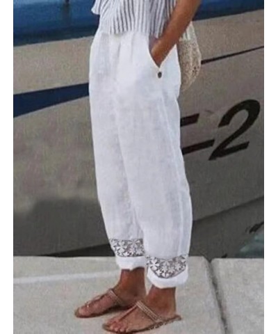 Womens Cotton Linen Pants Elastic High Waist Lace Comfy Loose Summer Beach Pants with Pockets White $16.25 Pants