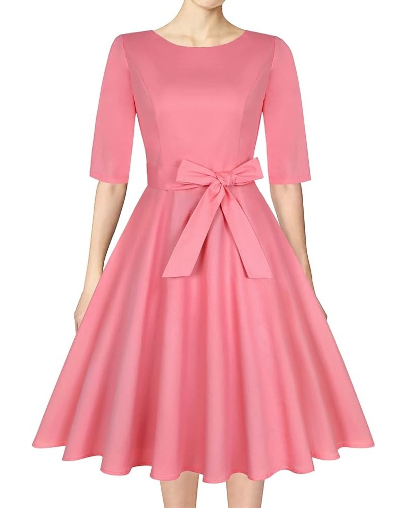 Women's 1950 Vintage Retro Rockabilly Dress Cocktail Party Prom Swing Dresses with Pockets 3/4 Sleeve - Pink $18.54 Dresses