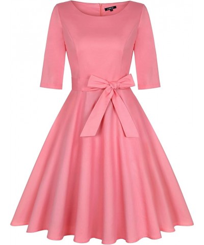 Women's 1950 Vintage Retro Rockabilly Dress Cocktail Party Prom Swing Dresses with Pockets 3/4 Sleeve - Pink $18.54 Dresses