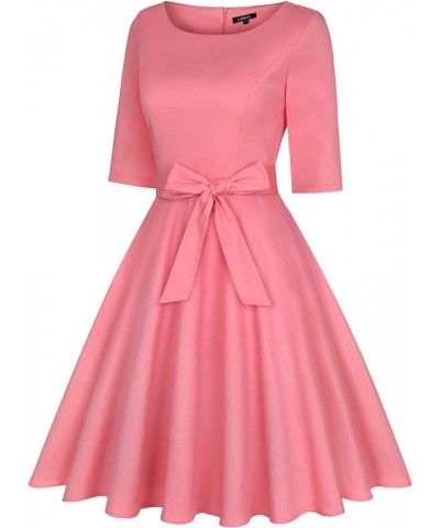 Women's 1950 Vintage Retro Rockabilly Dress Cocktail Party Prom Swing Dresses with Pockets 3/4 Sleeve - Pink $18.54 Dresses