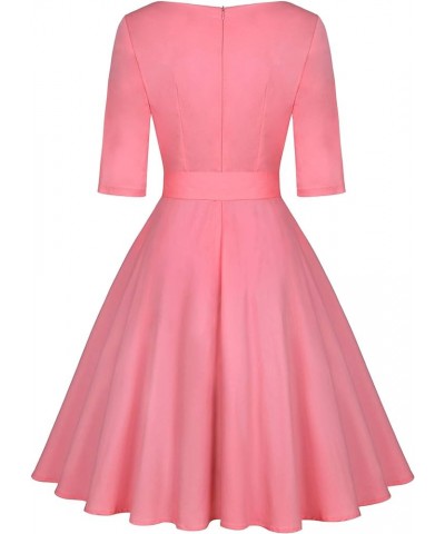 Women's 1950 Vintage Retro Rockabilly Dress Cocktail Party Prom Swing Dresses with Pockets 3/4 Sleeve - Pink $18.54 Dresses