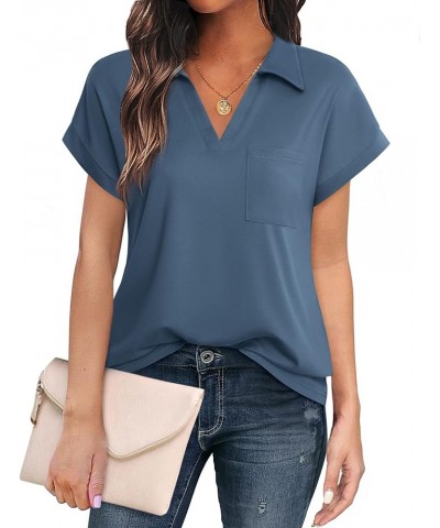 Women's Tops and Blouses Short Sleeve Business Casual Collared Tunic Shirt Blue Grey $16.32 Blouses