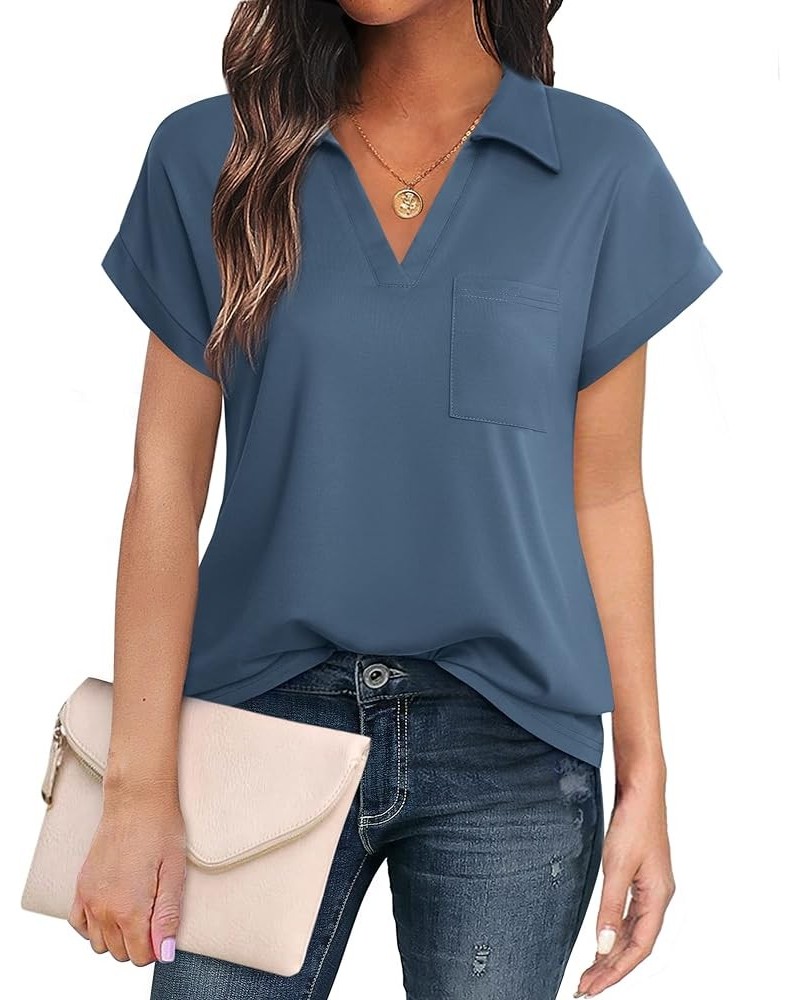 Women's Tops and Blouses Short Sleeve Business Casual Collared Tunic Shirt Blue Grey $16.32 Blouses