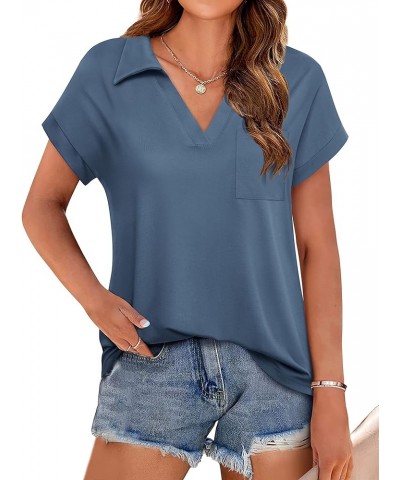 Women's Tops and Blouses Short Sleeve Business Casual Collared Tunic Shirt Blue Grey $16.32 Blouses