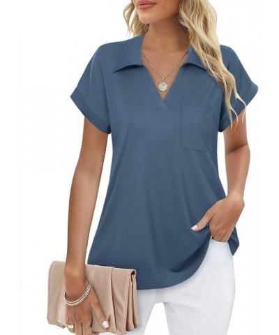 Women's Tops and Blouses Short Sleeve Business Casual Collared Tunic Shirt Blue Grey $16.32 Blouses