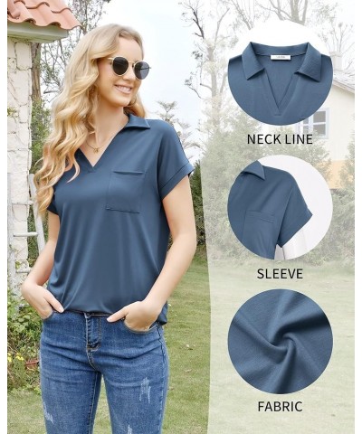 Women's Tops and Blouses Short Sleeve Business Casual Collared Tunic Shirt Blue Grey $16.32 Blouses