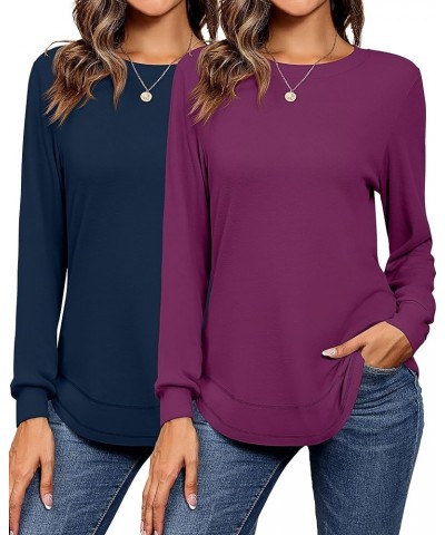 2 Pack Women's Crew Neck Sweatshirts, Long Sleeve Casual Shirts Loose Fit Soft Tunic Tops Plain Basic Pullover Tees Dark Blue...