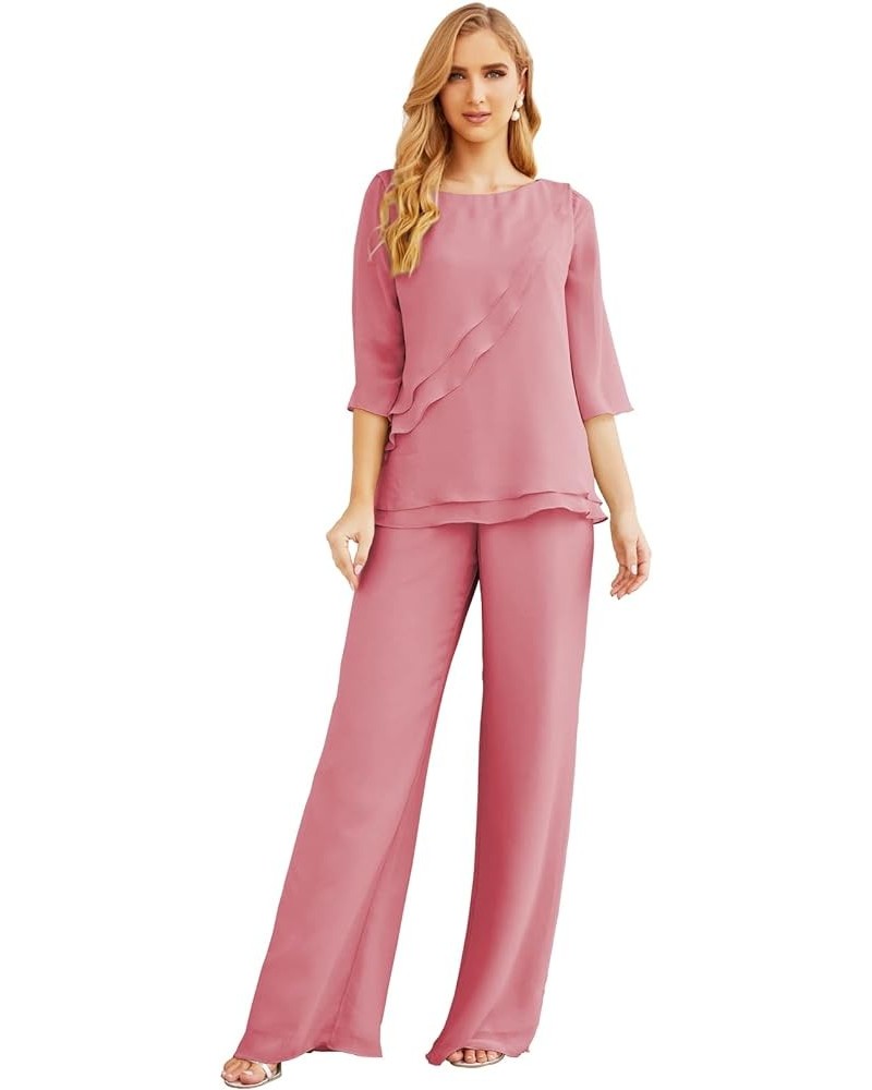 Chiffon Mother of The Bride Dress Plus Size Pant Suits Ruffle Layers Begonia Red $37.50 Suits