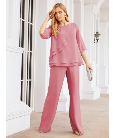 Chiffon Mother of The Bride Dress Plus Size Pant Suits Ruffle Layers Begonia Red $37.50 Suits