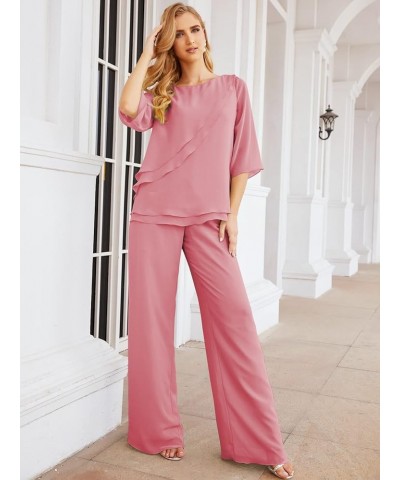 Chiffon Mother of The Bride Dress Plus Size Pant Suits Ruffle Layers Begonia Red $37.50 Suits