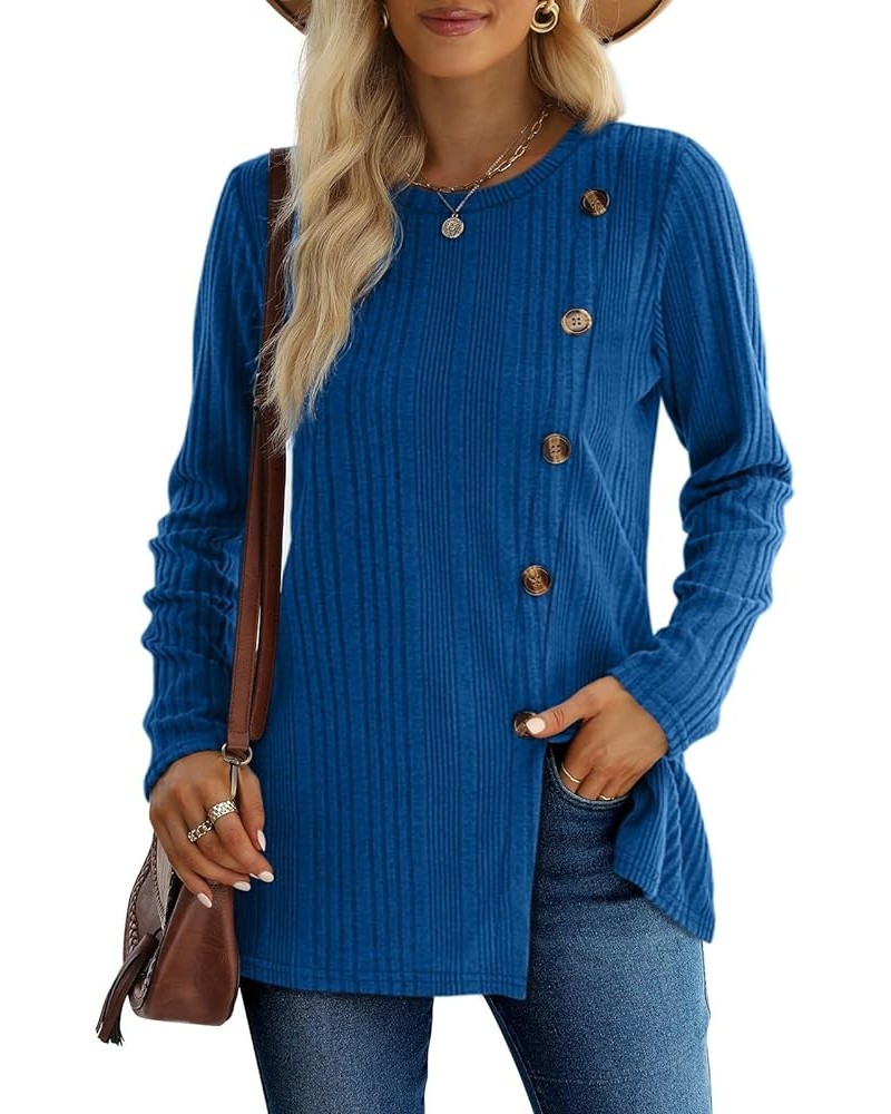 Long Sleeve Tops for Women Tunics Buttons Front Slit E4- Royal Blue $11.87 Tops