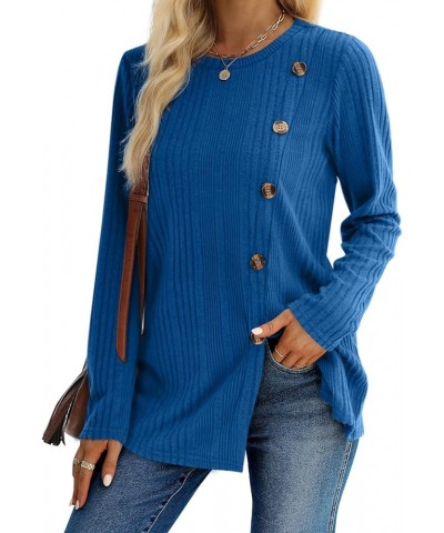 Long Sleeve Tops for Women Tunics Buttons Front Slit E4- Royal Blue $11.87 Tops