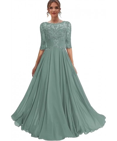 Elegant Lace Mother of The Bride Dresses for Wedding Long Half Sleeve Ruched Formal Evening Dress for Women RO130 Dusty Green...