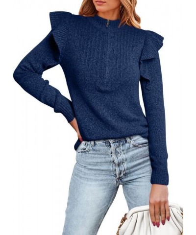 Womens Sweaters 2023 Ruffled Shoulder Long Sleeve Half Zip Pullover Polo V Neck Jumper Knit Tops Blue $19.18 Sweaters