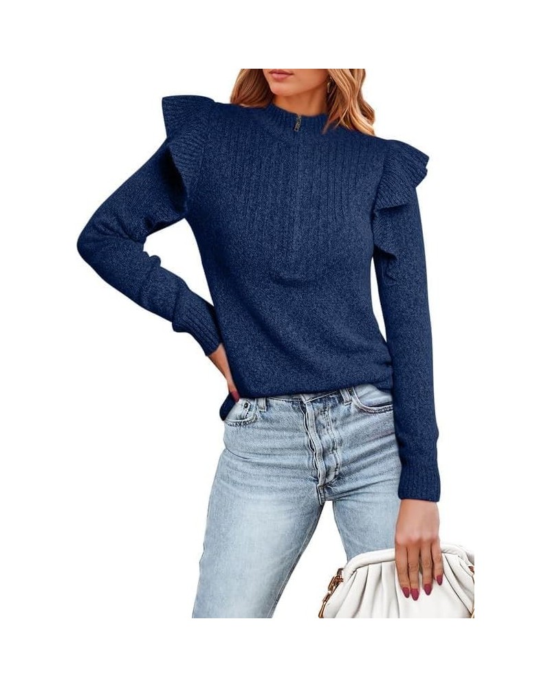 Womens Sweaters 2023 Ruffled Shoulder Long Sleeve Half Zip Pullover Polo V Neck Jumper Knit Tops Blue $19.18 Sweaters