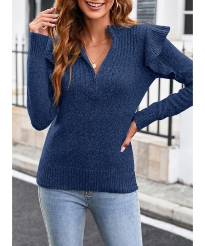 Womens Sweaters 2023 Ruffled Shoulder Long Sleeve Half Zip Pullover Polo V Neck Jumper Knit Tops Blue $19.18 Sweaters