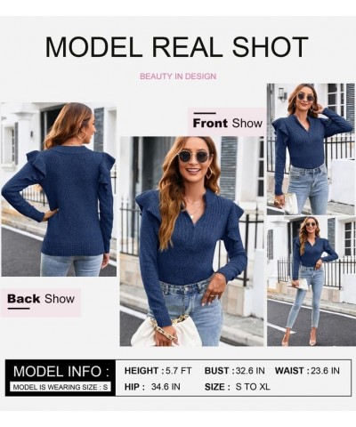 Womens Sweaters 2023 Ruffled Shoulder Long Sleeve Half Zip Pullover Polo V Neck Jumper Knit Tops Blue $19.18 Sweaters