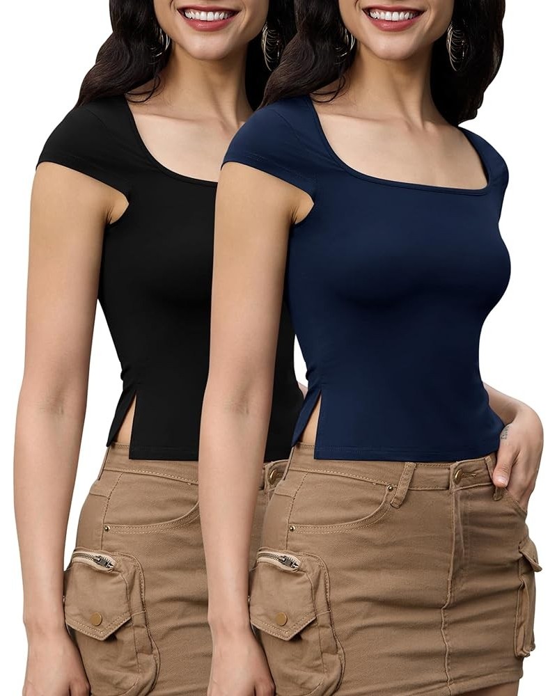 Short Sleeve Tight Shirts for Women Sexy Going Out Crop Tops Summer Basic Cute Slim Fit Y2K T-Shirts Black and Haze Blue $16....