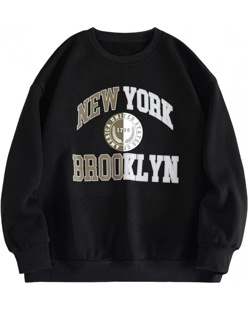 Women's Letter City Print Round Neck Long Sleeve Pullovers Sweatshirt Black $17.35 Hoodies & Sweatshirts