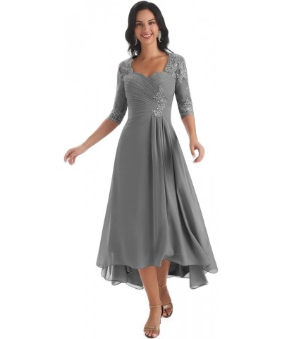 Chiffon Tea Length Mother of The Bride Dresses for Wedding Lace Applique Formal Dress with Sleeves Dark Grey $35.70 Dresses