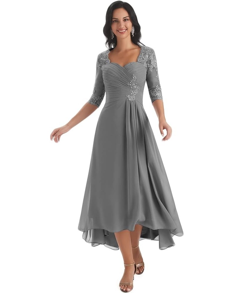 Chiffon Tea Length Mother of The Bride Dresses for Wedding Lace Applique Formal Dress with Sleeves Dark Grey $35.70 Dresses