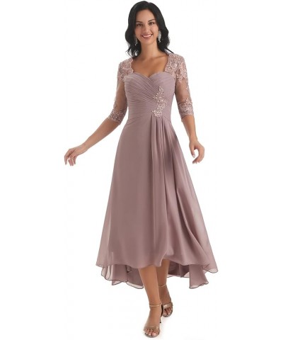 Chiffon Tea Length Mother of The Bride Dresses for Wedding Lace Applique Formal Dress with Sleeves Dark Grey $35.70 Dresses