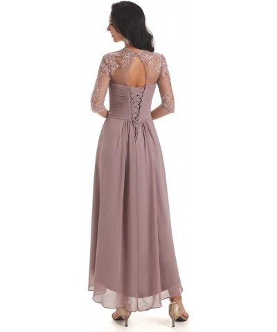 Chiffon Tea Length Mother of The Bride Dresses for Wedding Lace Applique Formal Dress with Sleeves Dark Grey $35.70 Dresses