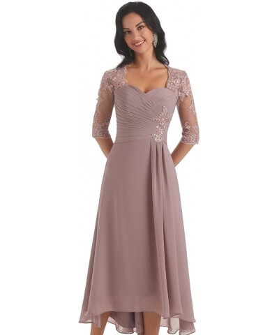 Chiffon Tea Length Mother of The Bride Dresses for Wedding Lace Applique Formal Dress with Sleeves Dark Grey $35.70 Dresses