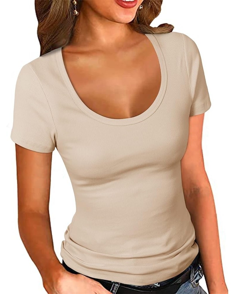 Women's Scoop Neck Ribbed Fitted Shirt Basic Short Sleeves Summer T Shirt Tops Khaki $13.77 T-Shirts