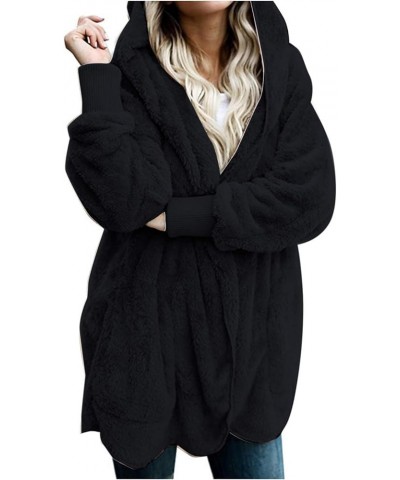 Women Hooded Cardigan Fuzzy Jacket Winter Open Front Fleece Coat Outwear with Pockets Black $17.00 Jackets