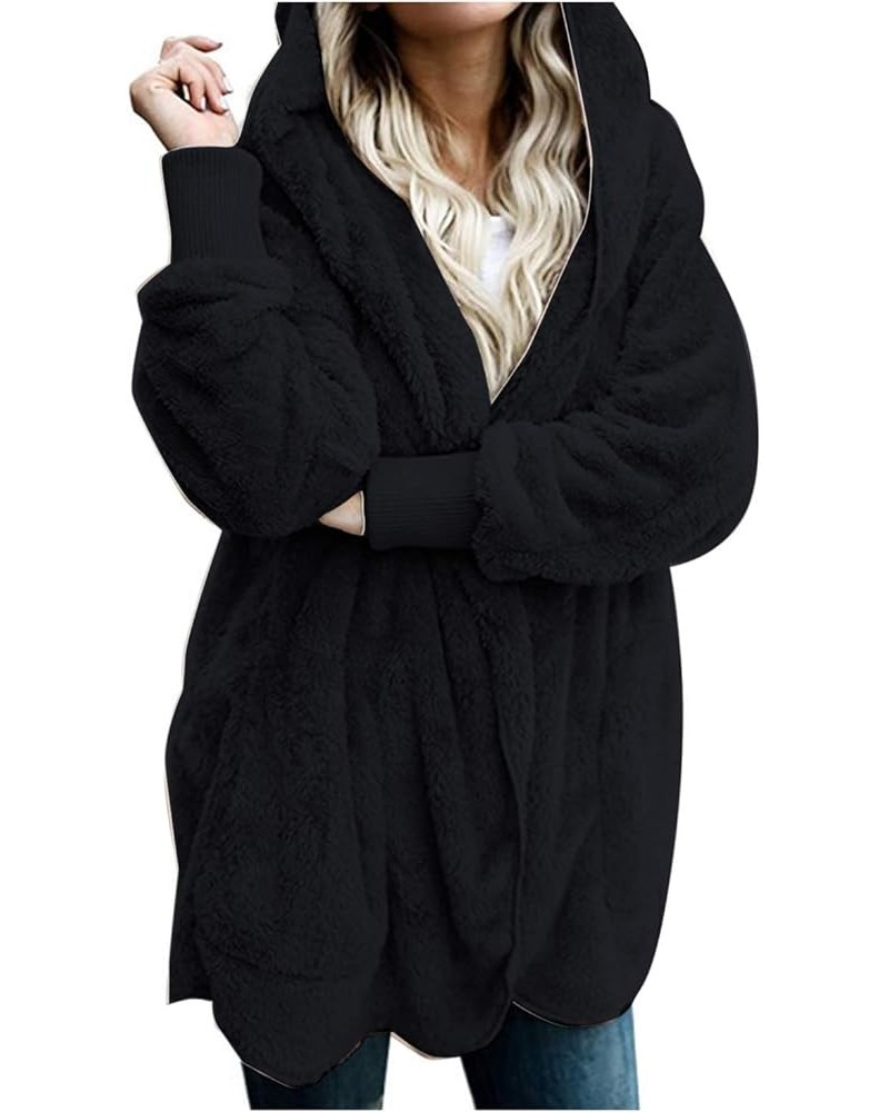 Women Hooded Cardigan Fuzzy Jacket Winter Open Front Fleece Coat Outwear with Pockets Black $17.00 Jackets