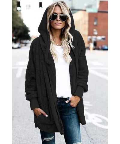 Women Hooded Cardigan Fuzzy Jacket Winter Open Front Fleece Coat Outwear with Pockets Black $17.00 Jackets