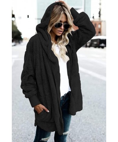 Women Hooded Cardigan Fuzzy Jacket Winter Open Front Fleece Coat Outwear with Pockets Black $17.00 Jackets